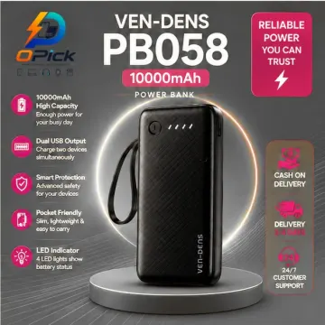 VEN-DENS VD-PB058 10000mAh Portable Power Bank with Built-in Charging Cables & LED Display