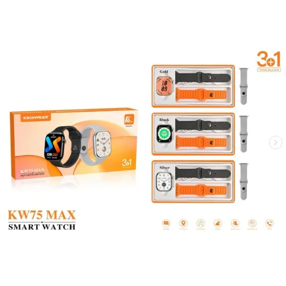 KEQIWEAR KW75 Max Smart Watch | Bluetooth Calling | 3 Premium Straps | Wireless Charging